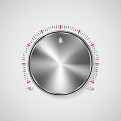 Home appliance button, max and min tumbler, regulation knob with brushed steel glowing surface and measurement scale. Realistic template isolated on white. Hi-tech level controller.