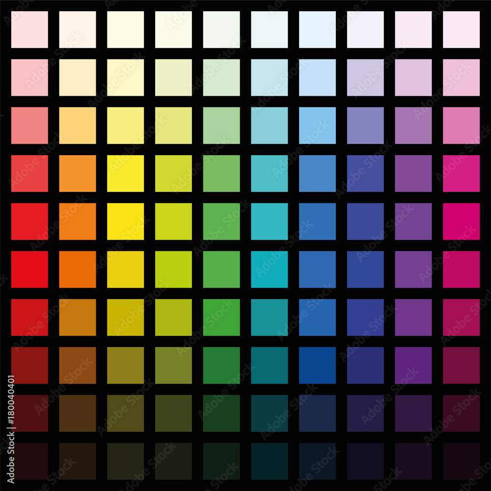 Poster hundred different colored squares - color spectrum pattern in various saturation from light to dark 