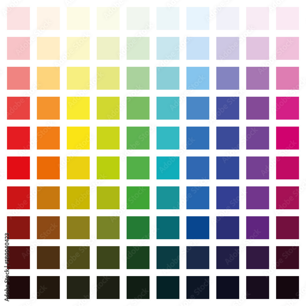 Poster color spectrum chart with hundred different colors in various saturation from light to dark - square