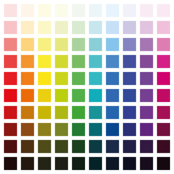 Color spectrum chart with hundred different colors in various saturation from light to dark - square size format vector illustration on white background.