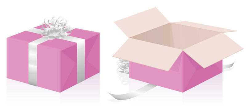 Valentine gift package - closed and opened pink present carton box with silver ribbons - isolated 3d vector illustration on white background.