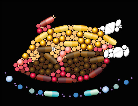 Pills, tablets and capsules that shape a roast chicken, a thanksgiving turkey, a fried duck or any other fowl, symbolic for antibiotic abuse in poultry farming - vector illustration, black background.