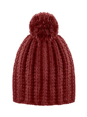 Brown woolen winter cap hat with a pom pom pompon isolated on white