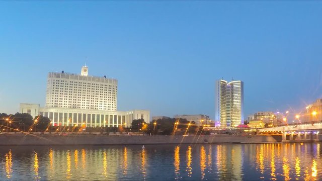 Evening On River Bank In Moscow center Timelapse