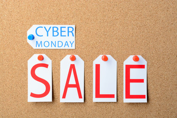 Cyber Monday sale tags are pinned to the cork board