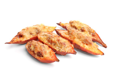 Yummy stuffed sweet potato on white background