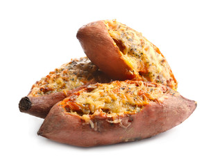 Yummy stuffed sweet potato on white background