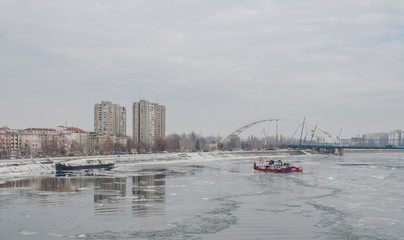 Icebreaker on the frozen Danube River 