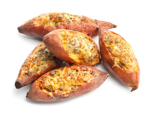Yummy stuffed sweet potato on white background