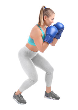 Female boxer on white background