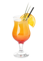 Glass with tasty exotic cocktail on white background