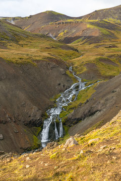 Waterfall at thermal bading at Reykjadalur Iceland