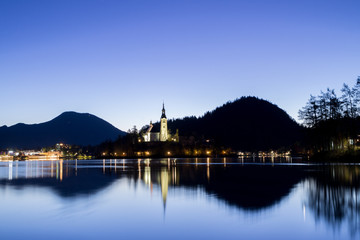 Lake Bled and the church in Slovenia at evening