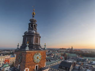 Obraz premium Town Hall Tower in Main Market Square, aerial view at sunset, old time