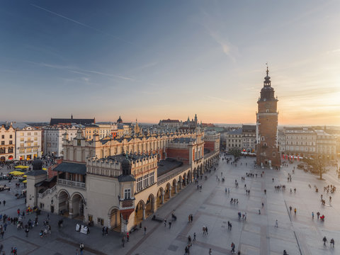 Aerial view of old city center view in Krakow at sunset time, famous cathedral in evening light