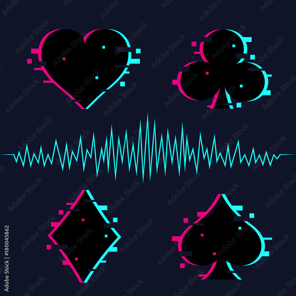 Sticker set of suits deck of cards for playing poker and casino with glitch effect. vector illustration.