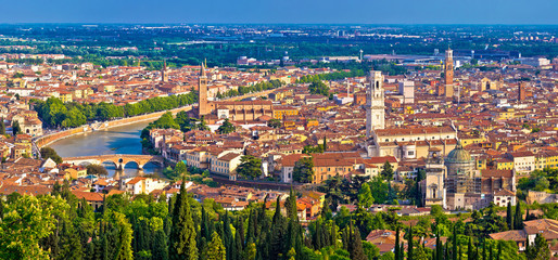 City of Verona old center and Adige river aerial panoramic view