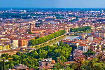 City of Verona old center and Adige river aerial panoramic view