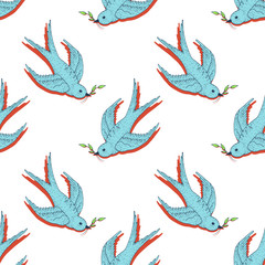 Swift bird vector seamless pattern. Sketch of flying swallow with branch