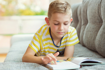 Portrait of clever little boy with reading book