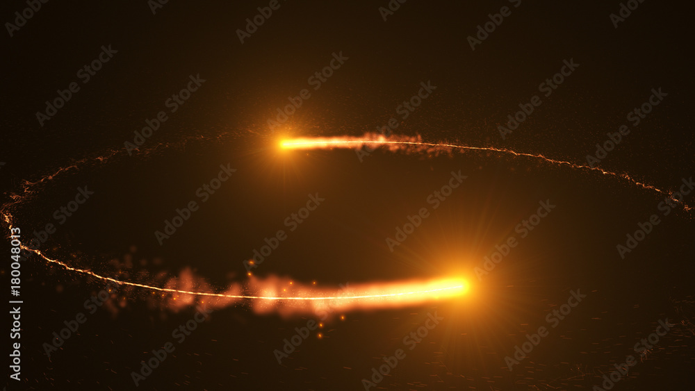 Poster fire comet flying. shining lights in motion with small particles. ring of fire, plasma ring on a dar