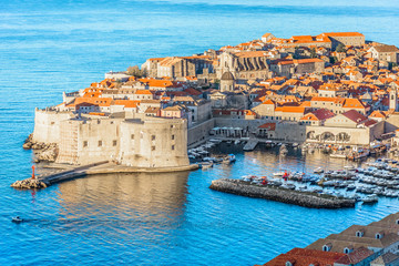 Dubrovnik cityscape aerial marina. / Aerial view at famous cityscape of town Dubrovnik, beautiful scenery in Croatia, Mediterranean. - 180048683