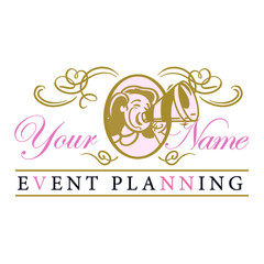 Girl with a megaphone inside an old time scroll style frame. Event planner logo.