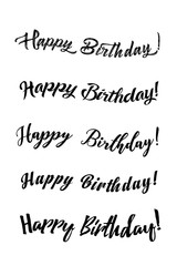 Happy birthday vintage hand lettering, brush ink calligraphy, vector type design, isolated on white background. Black and white. Handwritten modern brush lettering of Happy Birthday.
