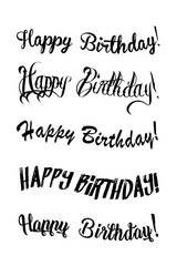 Happy birthday vintage hand lettering, brush ink calligraphy, vector type design, isolated on white background. Black and white. Handwritten modern brush lettering of Happy Birthday.