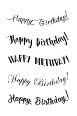 Happy birthday vintage hand lettering, brush ink calligraphy, vector type design, isolated on white background. Black and white. Handwritten modern brush lettering of Happy Birthday.