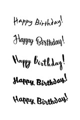 Happy birthday vintage hand lettering, brush ink calligraphy, vector type design, isolated on white background. Black and white. Handwritten modern brush lettering of Happy Birthday.