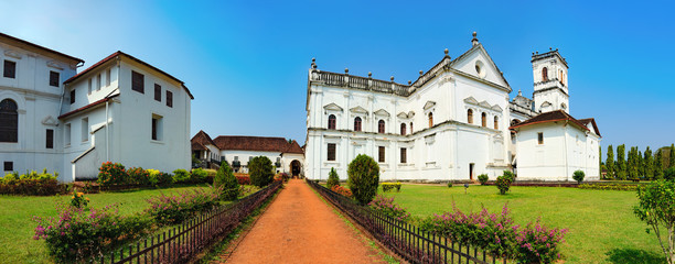 Catedral de Santa Catarina, known as SE Cathedral and Archbishop's Palace in Old Goa, India. The view from the road to the courtyard
