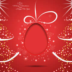 Vector poster with Christmas trees and silhouette of egg with stripe and shadow cut from paper on the red gradient background.