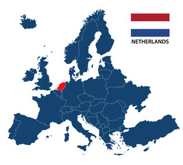 Fototapeta premium Vector illustration of a map of Europe with highlighted Netherlands and Dutch flag isolated on a white background