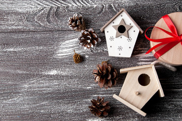 Christmas decorations on brown shabby background