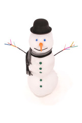 White snowman with scarf and hat bowler.