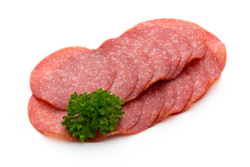 Salami slices isolated on white background.
