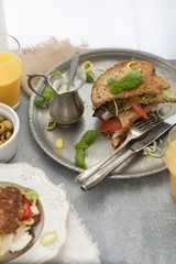 breakfast for two with toast and orange juice