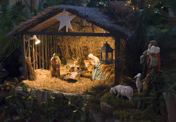 Christmas creche with Joseph Mary and Jesus - obrazy, fototapety, plakaty