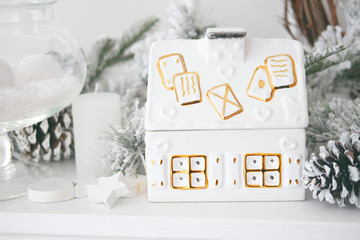 Christmas and New Year decoration in white and gold color