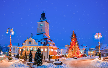 Beautiful Christmas scene with snow and tree in Brasov town, Transylvania, Romania