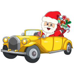 Santa claus driving a yellow car with bag of candy christmas cartoon