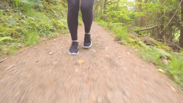 Tracking Shot Of Fit Woman Running On Trail In Forest