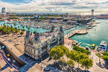 Aerial view of Port Vell, Barcelona, Catalonia, Spain - obrazy, fototapety, plakaty