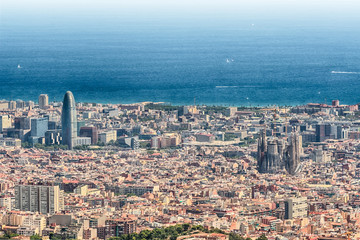 Aerial view from Tibidabo mountain over Barcelona, Catalonia, Spain