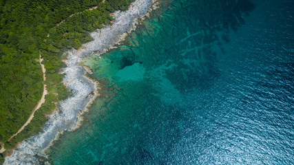 Coastline view from the drone, green forest and rocky coast