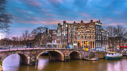 historic Canal houses sunset Amsterdam
