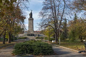 SOFIA, BULGARIA - NOVEMBER 7, 2017: Sunset view of Monument of the Soviet Army in city of Sofia,...