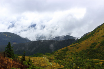 Fototapeta premium Dolina przed górami, w których silna mgła