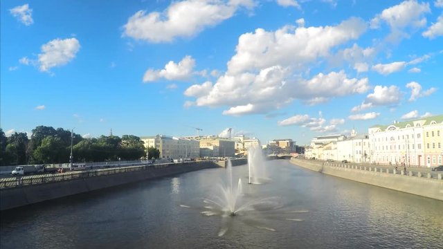 Fountains On Moscow River In Summer Day Timelapse
